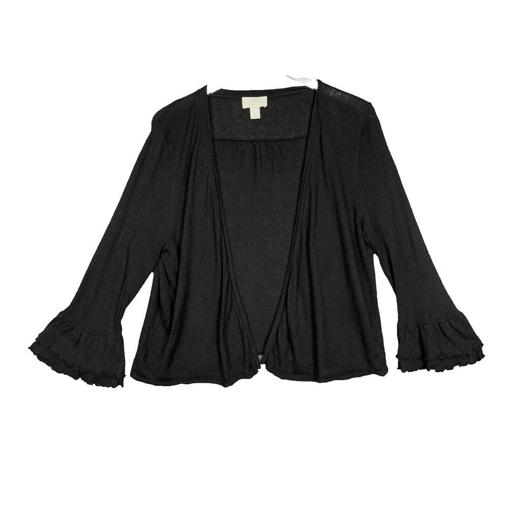 Loft Cardigan Sweater Womens Large Black Ruffle Bell Sleeves Lightweight Open‎